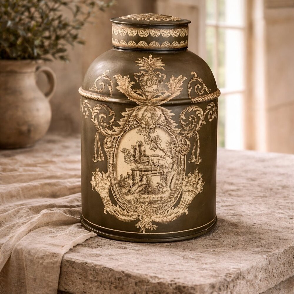 Antique Large Tole Chinoiserie Tea Caddy Canister Canton n°3 Tea Box